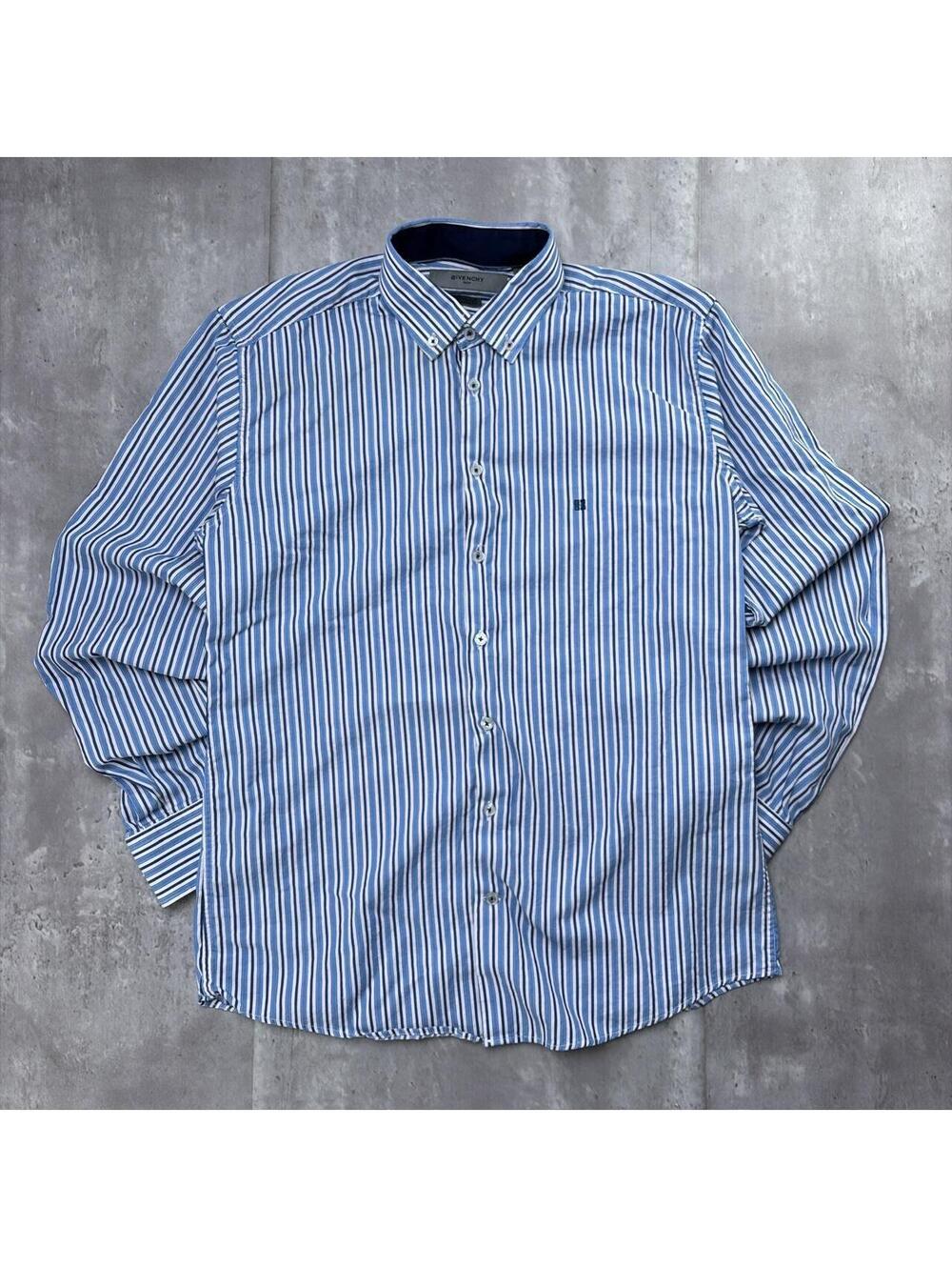 Y2K Blue Givenchy Striped Logo Long Sleeve Button Up Shirt